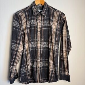 Cafe Bleu Men's Jacquard Long Sleeve Paisley Casual Dress Button‎ Shirt Brown M